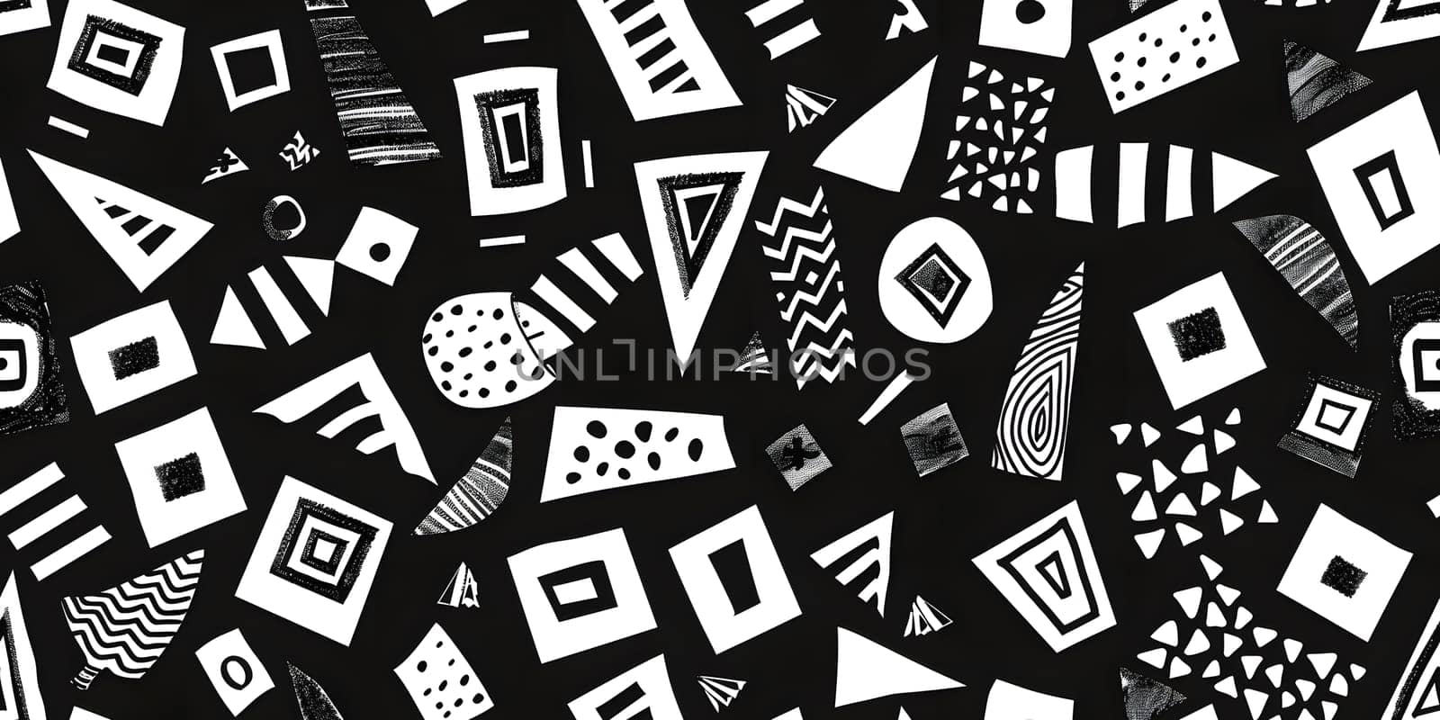 Product featuring a blackandwhite geometric pattern with triangles and squares on a black background, creating a stylish design with symmetry and clean lines. Made of grey textile material