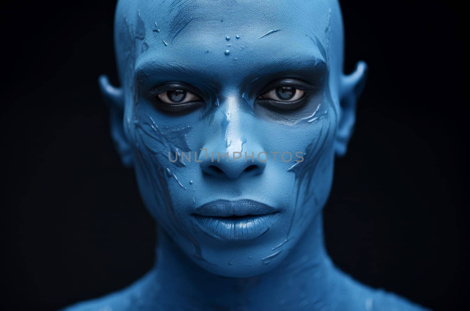 Unusual Man blue skin face. Skin face yoga. Fictional person. Generate Ai