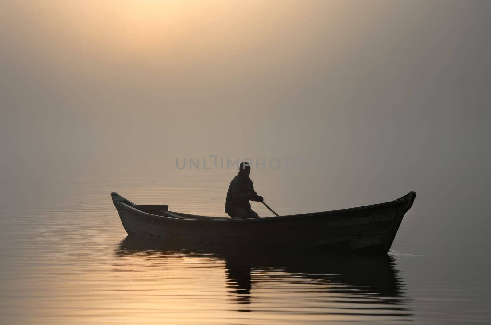 Mysterious Man boat foggy. Generate Ai by ylivdesign