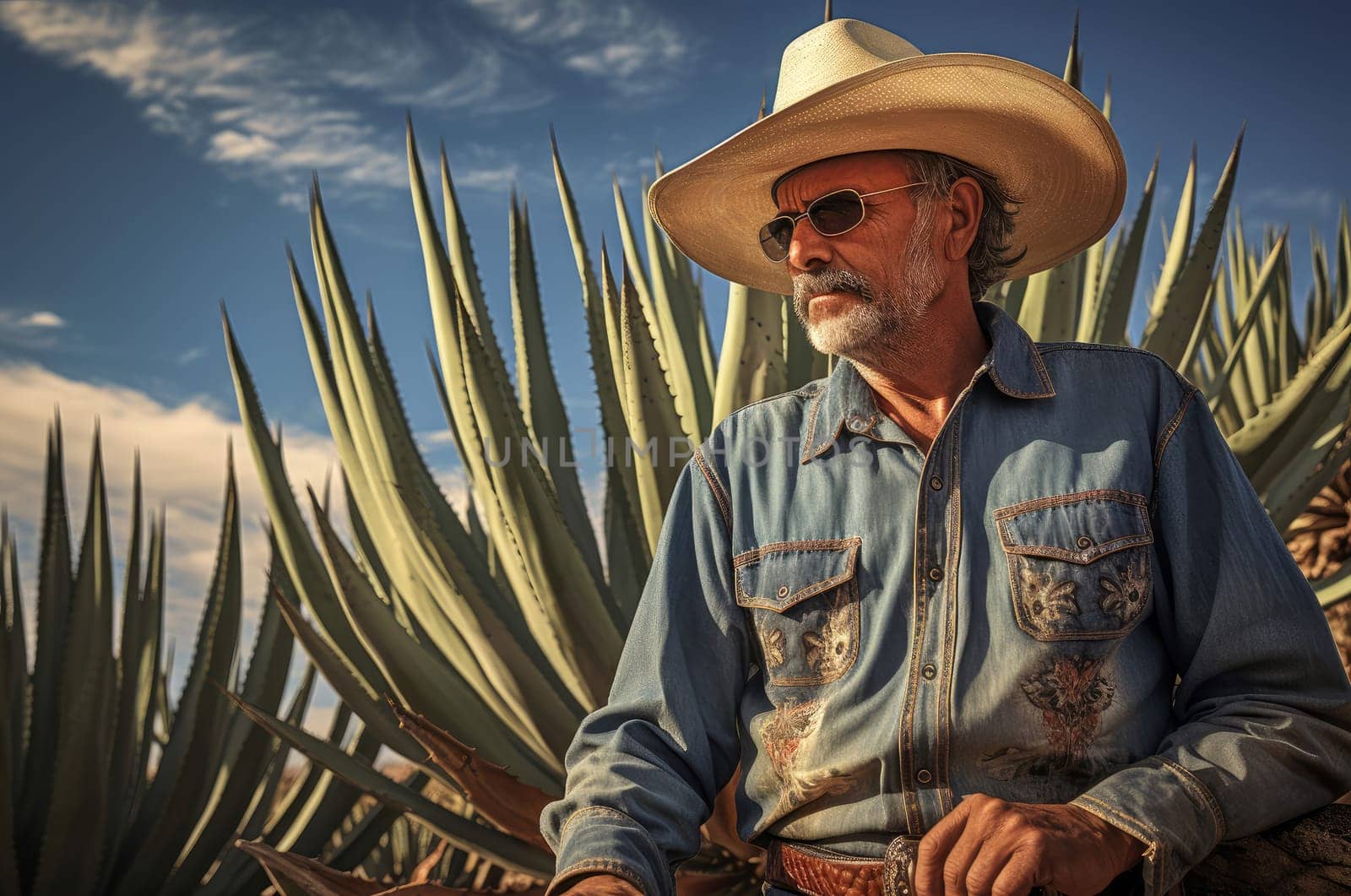 Man cowboy agave field desert. Generate Ai by ylivdesign