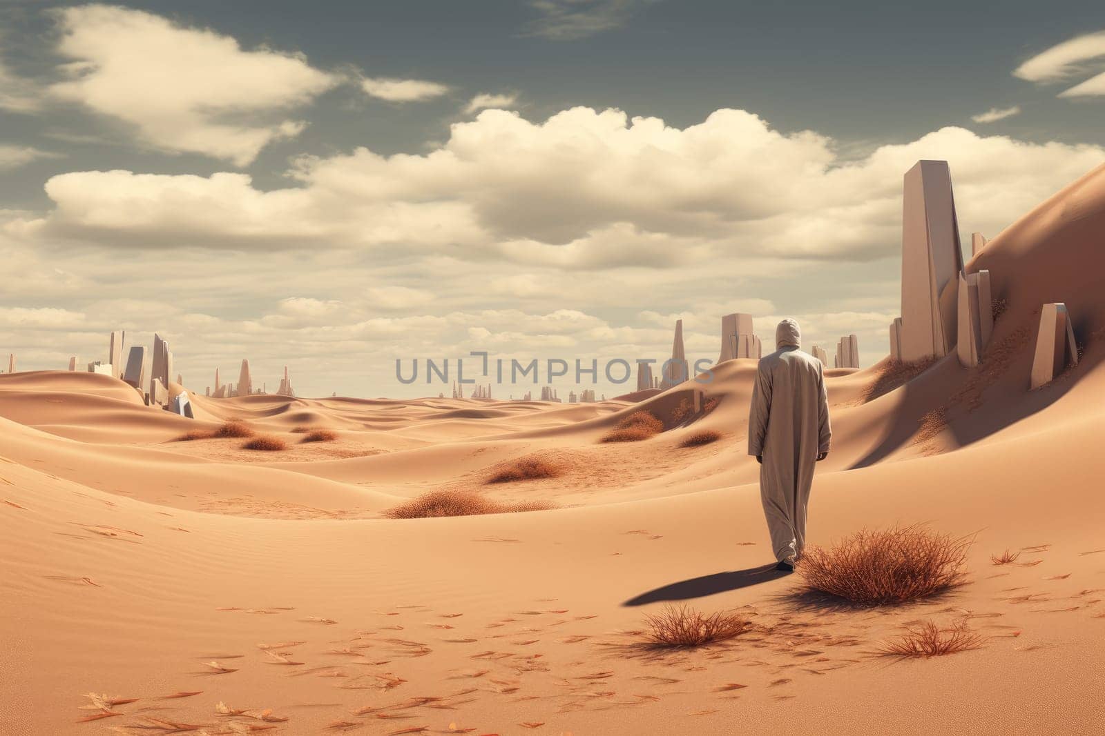 Man boat desert surreal. Generate Ai by ylivdesign