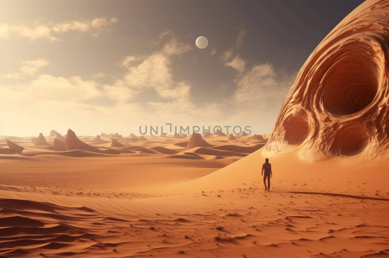 Intriguing Man boat desert surreal. Generate Ai by ylivdesign