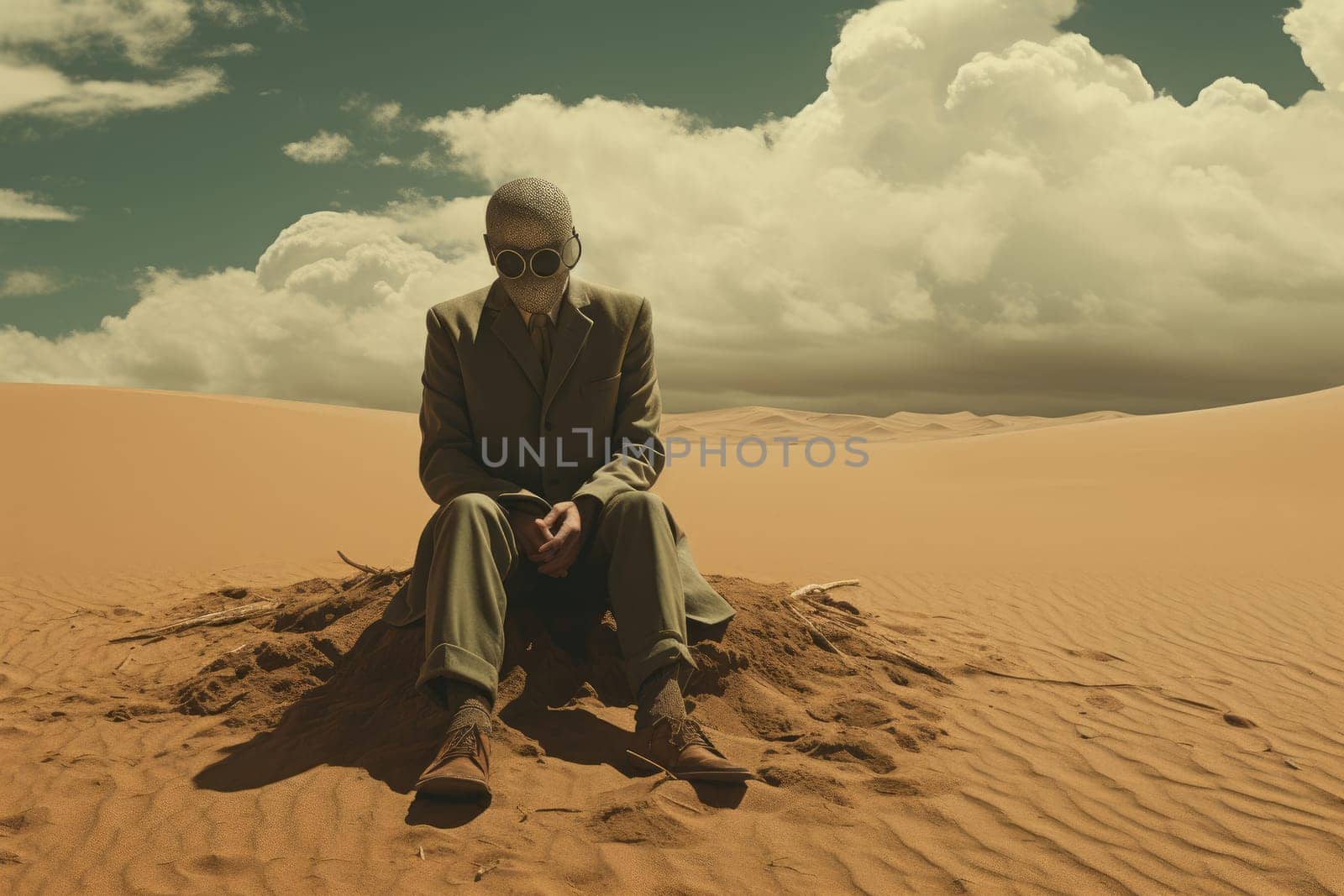 Mysterious Man boat desert surreal. Generate Ai by ylivdesign