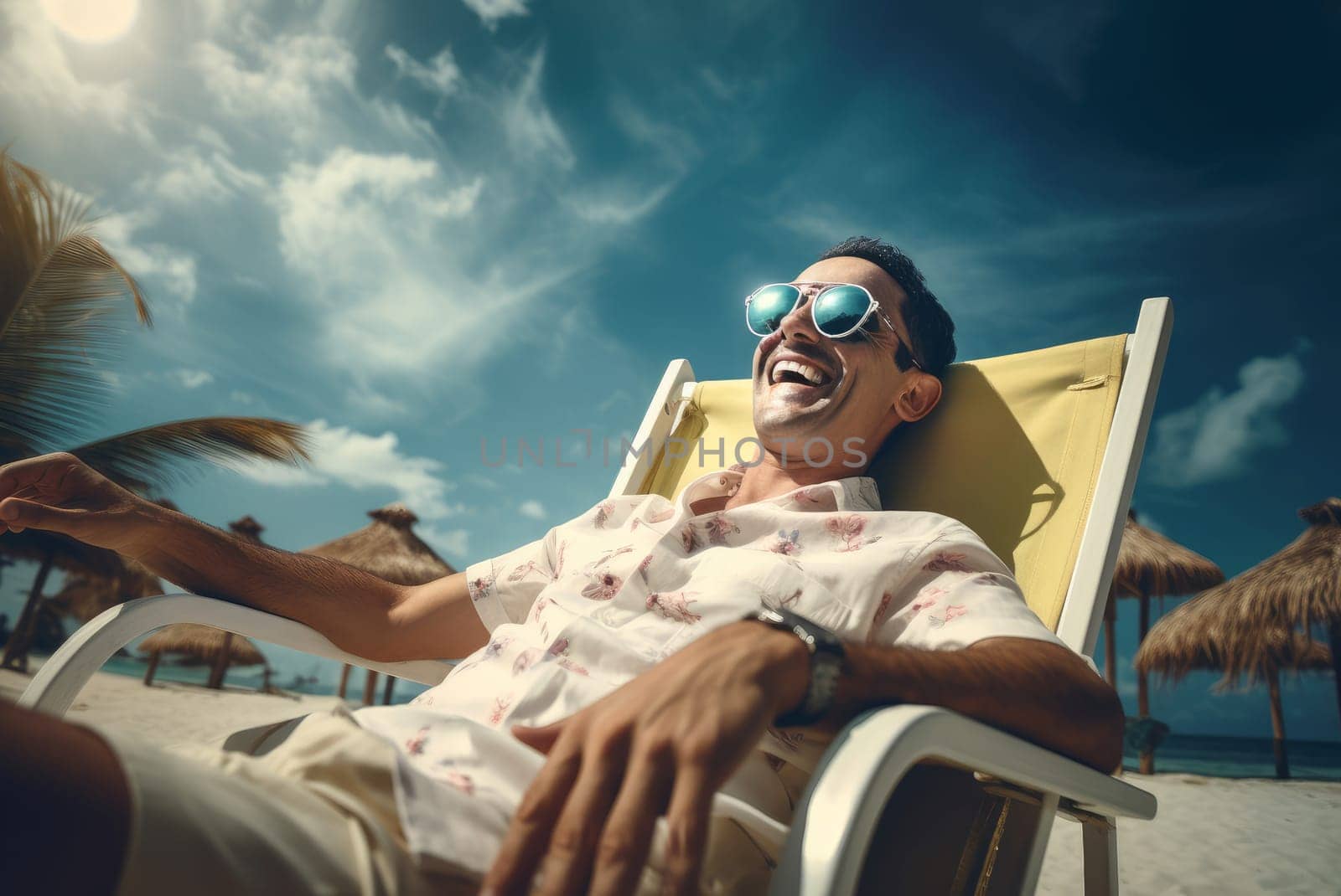 Relaxed Man enjoying vacation beach. Generate Ai by ylivdesign
