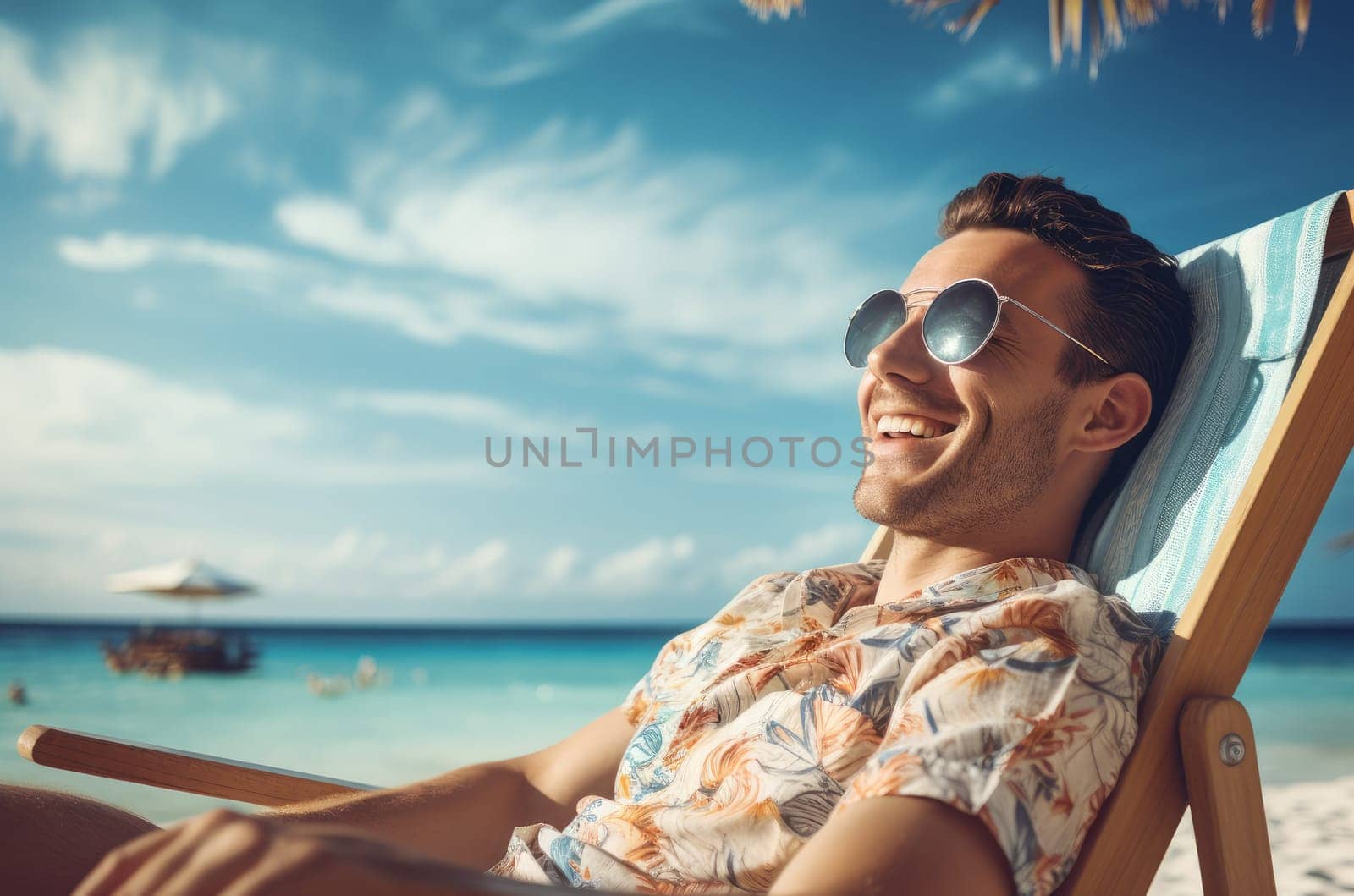 Sun-kissed Man enjoying vacation beach. Water freedom. Generate Ai