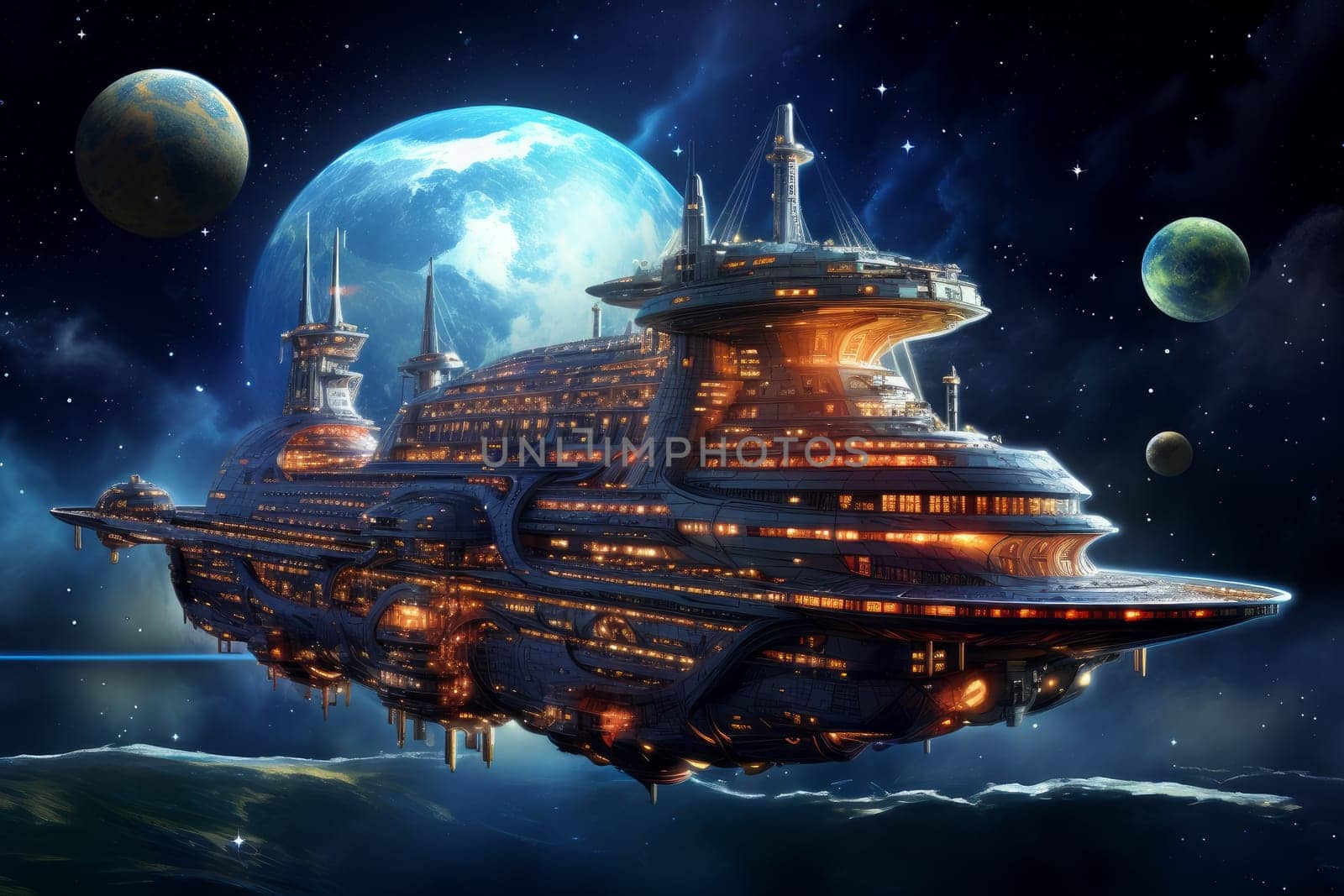 Celestial Man galaxy boat ship. Sky galaxy. Generate Ai