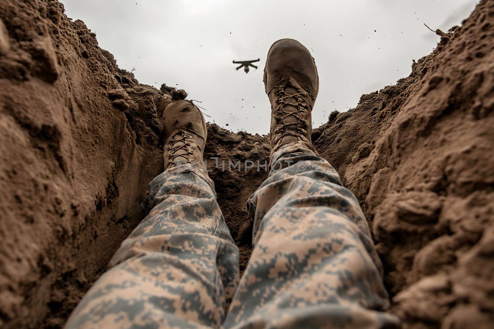 soldier legs laying on the dirt with flying drone in the sky above by z1b