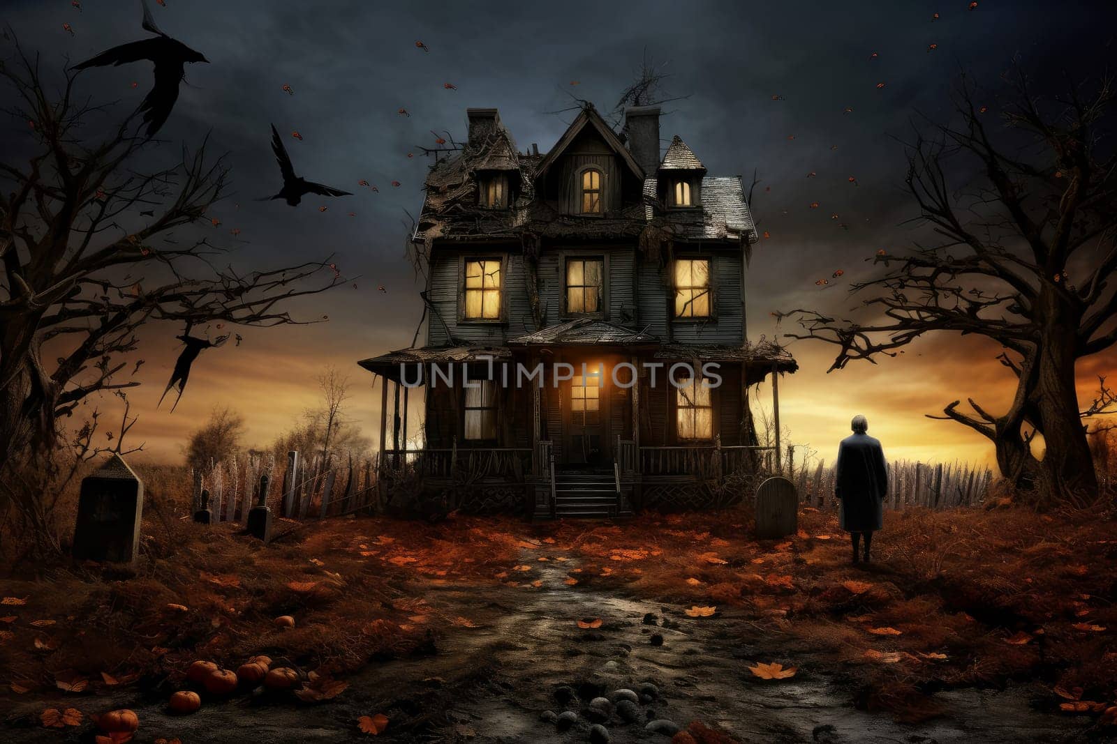 Spooky Man halloween house. Creepy holiday. Generate Ai