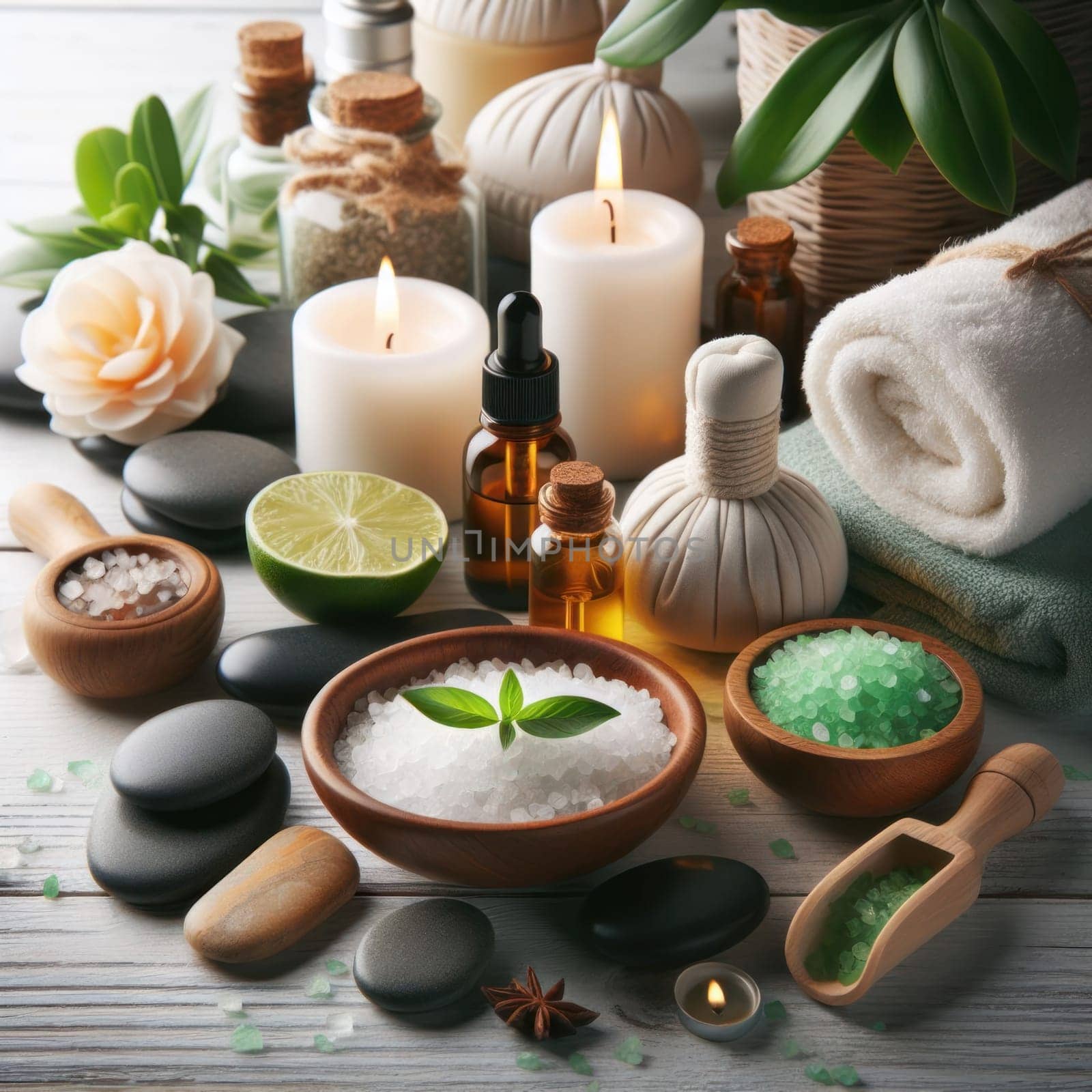 Spa composition. Green plants, towels, burning candles, stones, oils, aromatic salts and other cosmetics on a white wooden table. AI generated