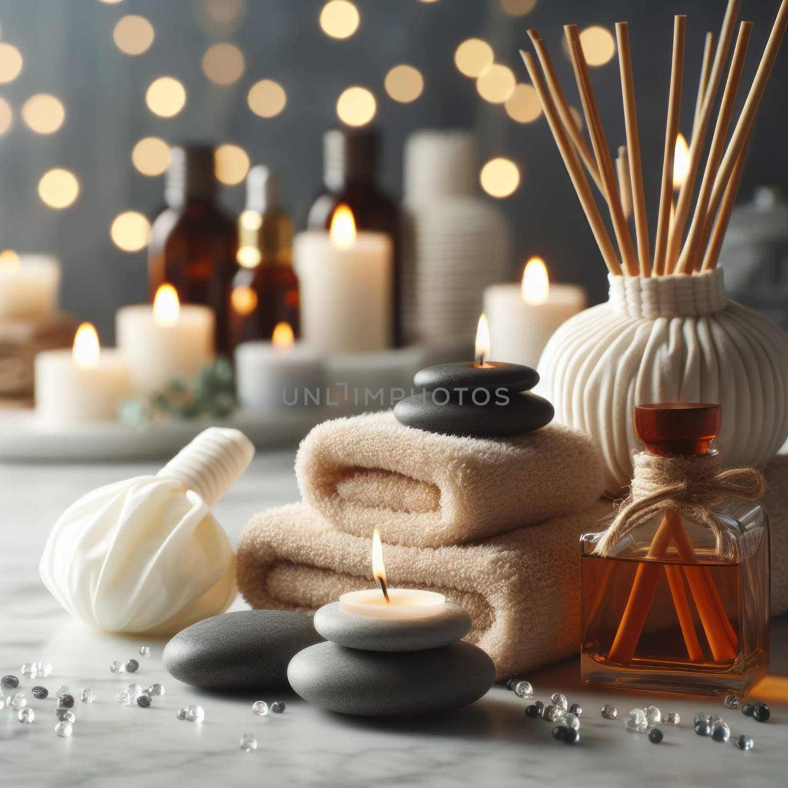 Spa composition. Towels, stones, reed air freshener and burning candles on a gray marble table against a background of blurred light. AI generated