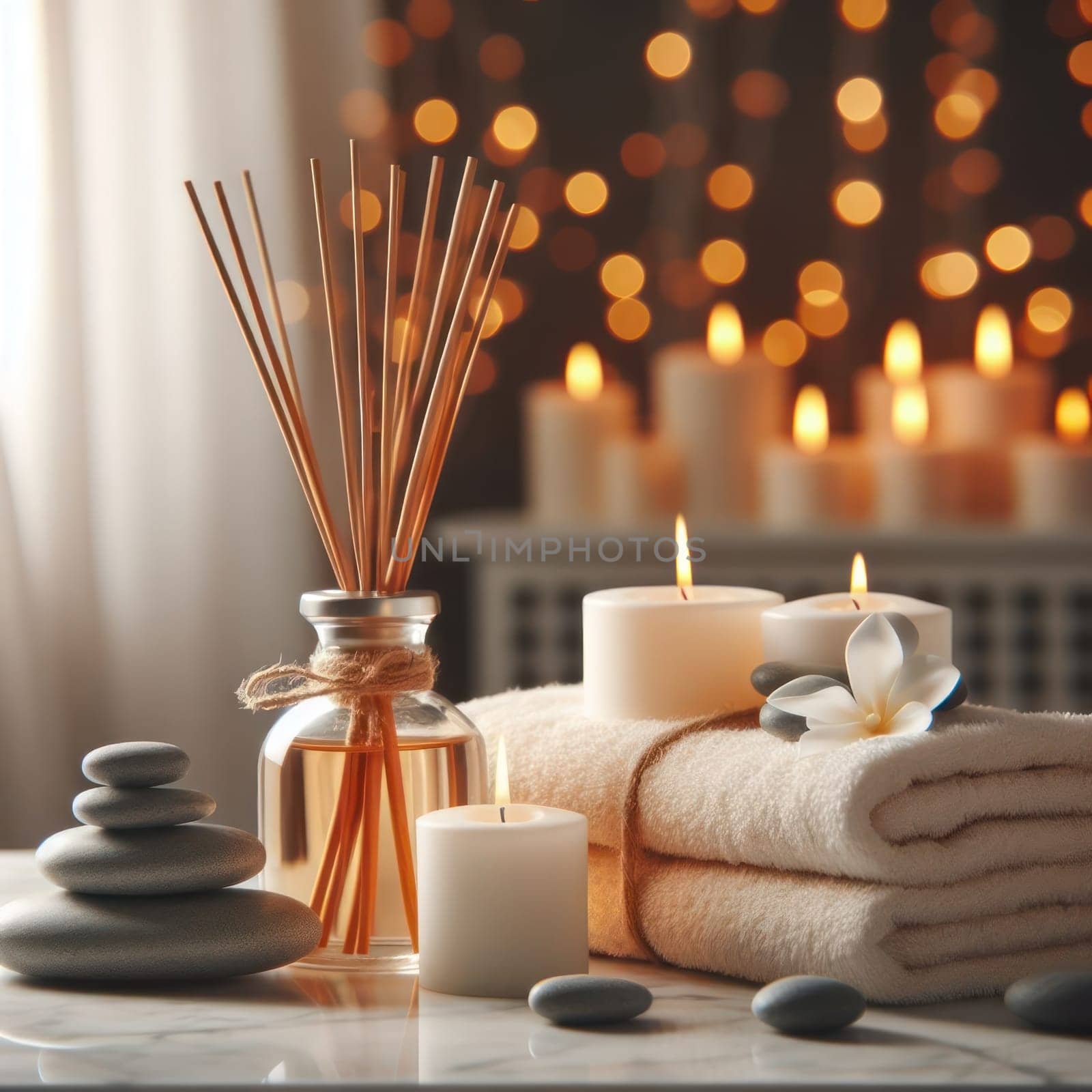 Spa composition. Towels, stones, reed air freshener on a white marble table against the backdrop of blurry light from burning candles. AI generated