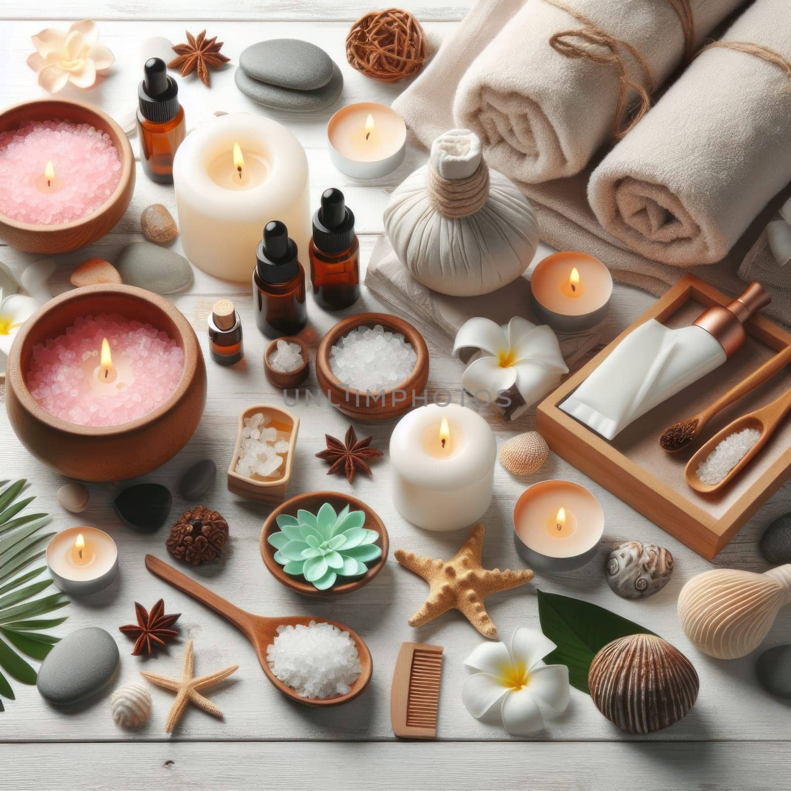 Spa composition flat lay. Towels, burning candles, stones, oils, aromatic salts and other cosmetics on a white wooden table. AI generated