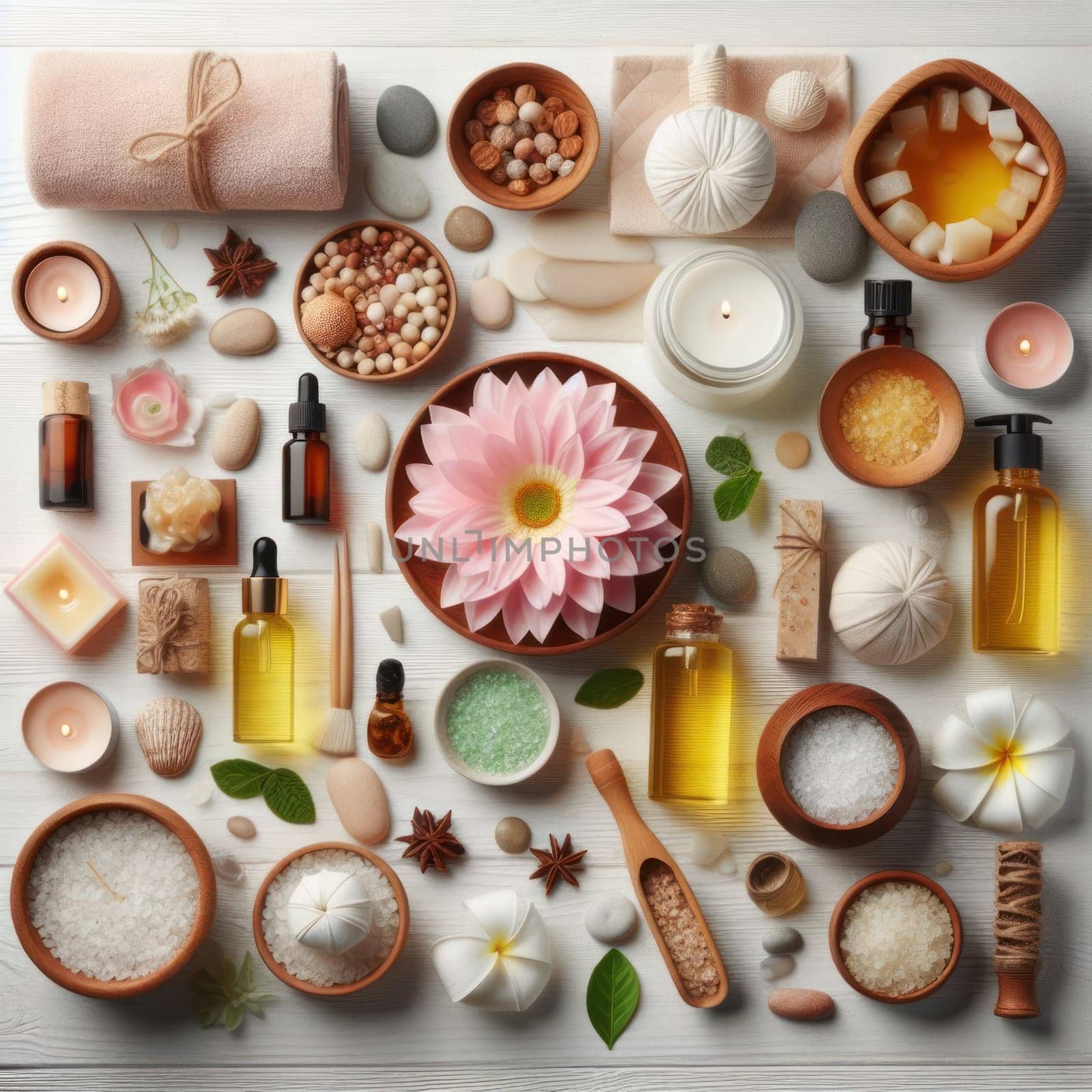 Spa composition flat lay. Towels, stones, burning candles, oils, aromatic salts and other cosmetics on a white wooden table. AI generated
