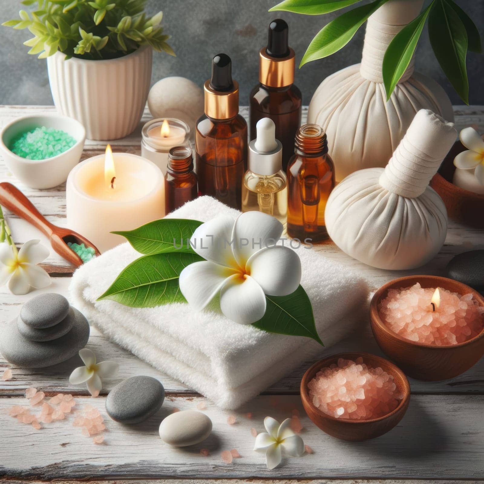 Spa composition. Green plants, towels, stones, burning candles, oils, aromatic salts and other cosmetics on a white wooden table. AI generated
