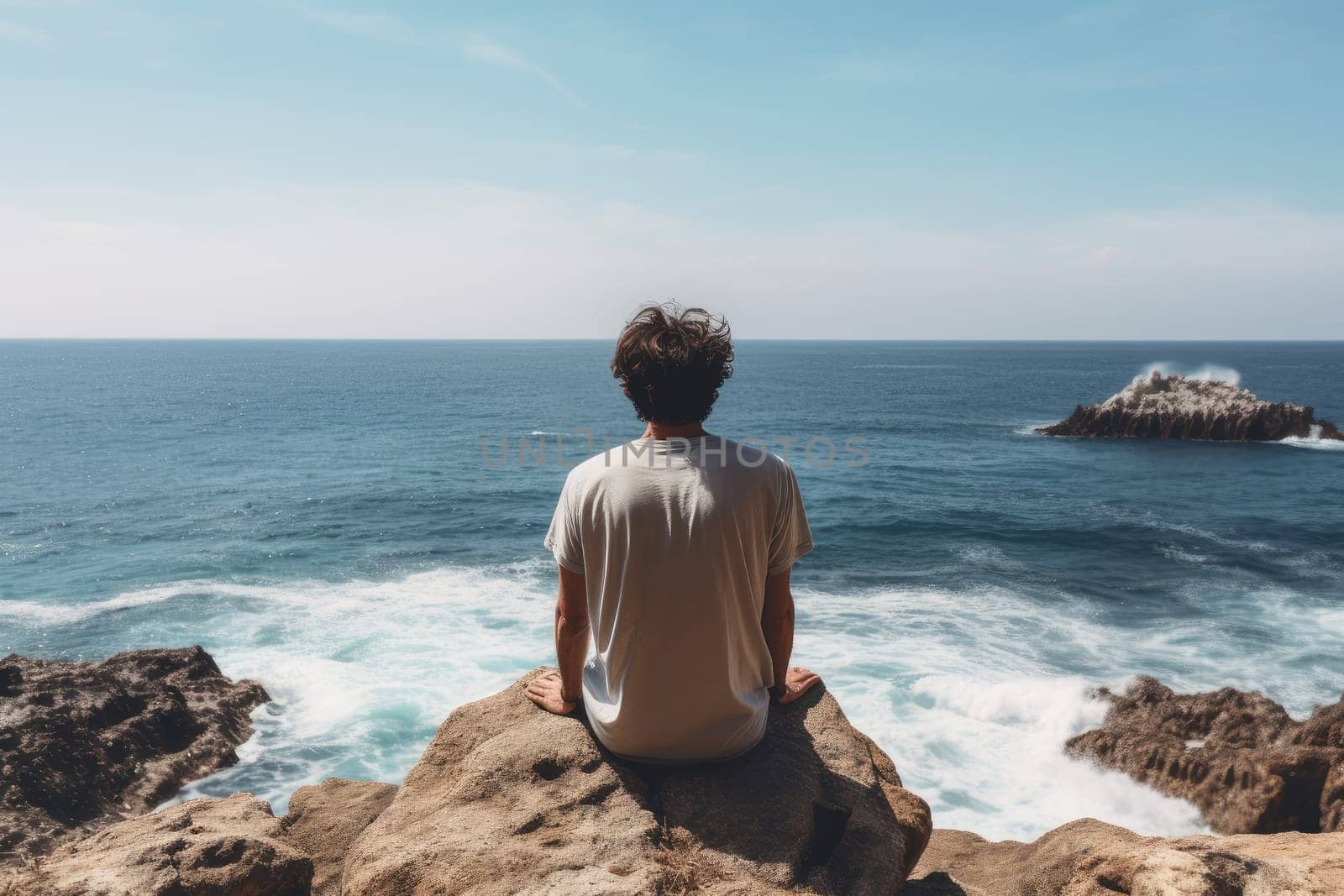 Tranquil Man sitting ocean meditate. Generate Ai by ylivdesign