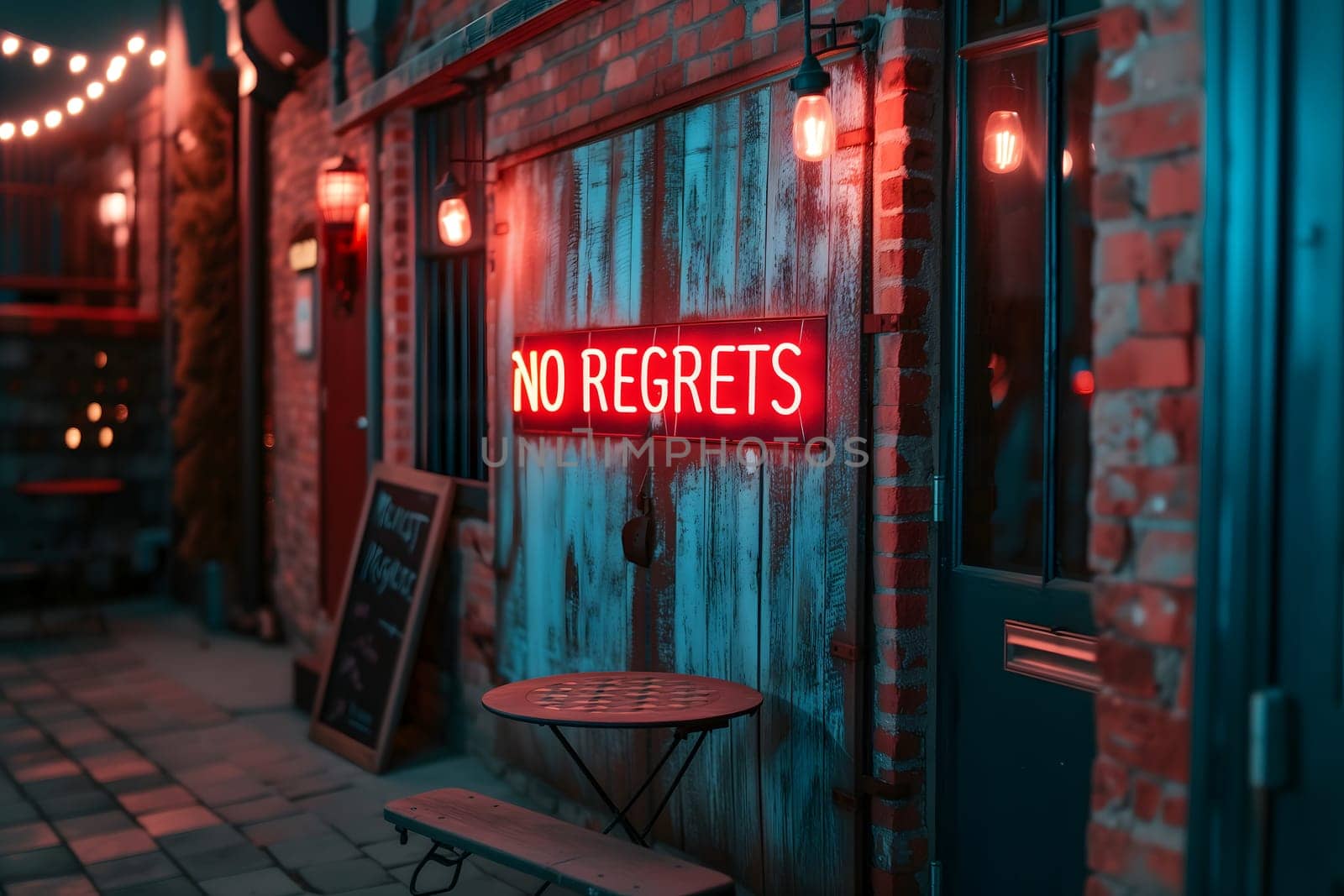 A neon sign that says NO REGRETS on a wall. Neural network generated image. Not based on any actual scene or pattern.