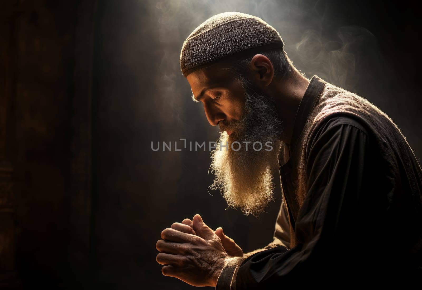 Focused Man muslim praying. Generate Ai by ylivdesign