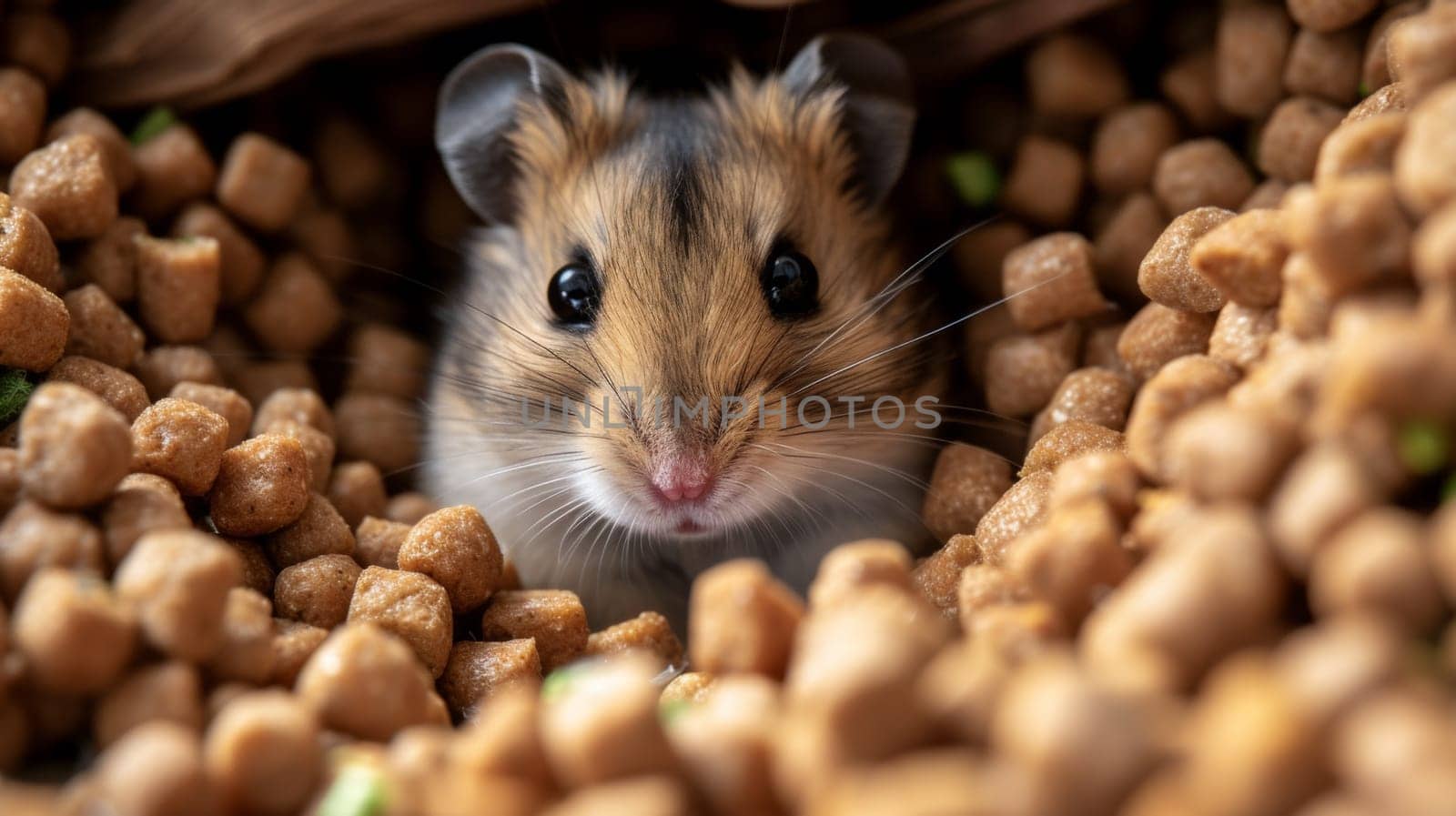 A hamster peeking out from a pile of food pellets, AI by starush