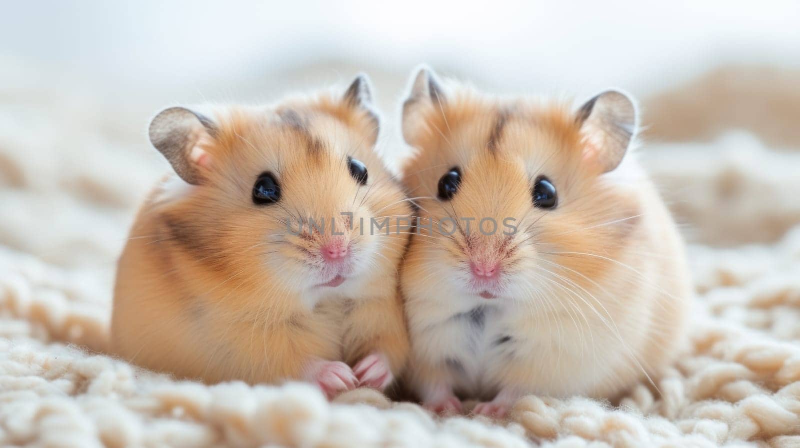 Two small brown and white hamsters sitting on a blanket