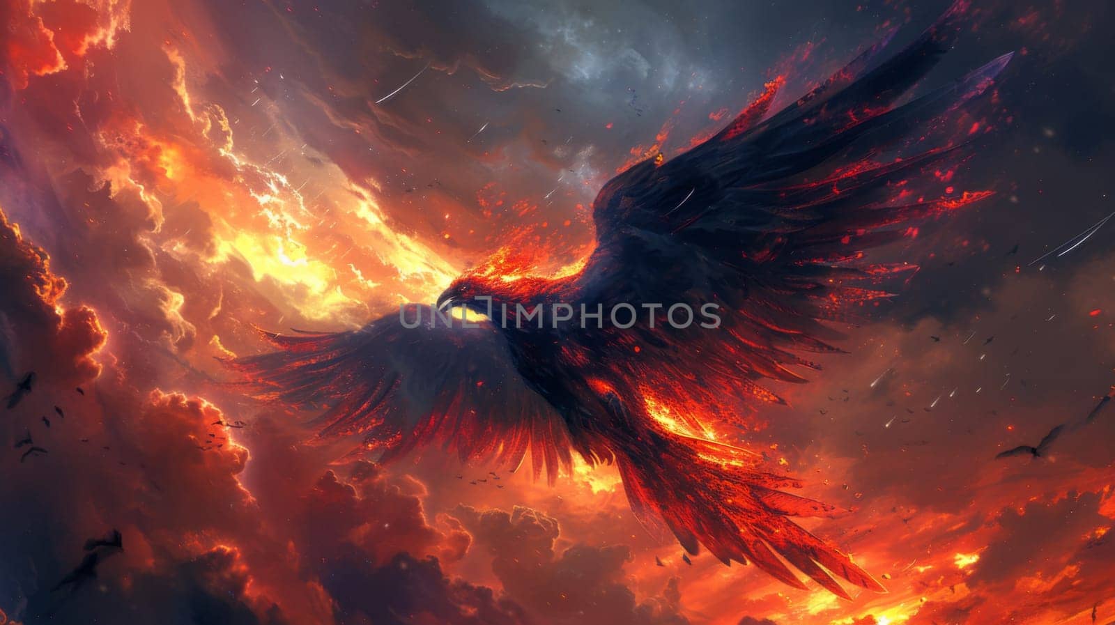 A bird flying through a fiery sky with flames and clouds, AI by starush