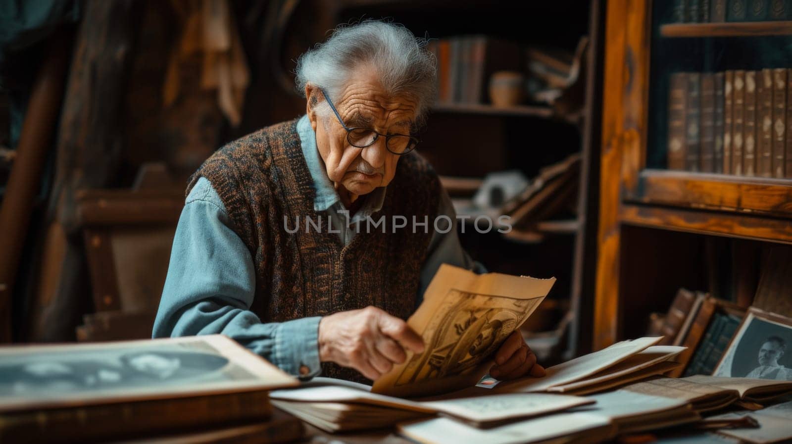 An old man sitting at a table with books and papers, AI by starush