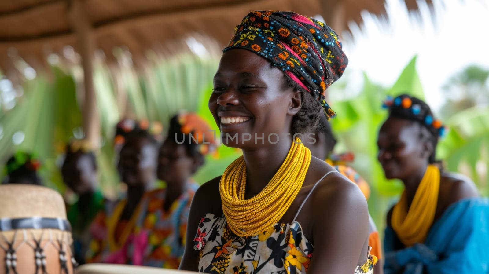 A group of women in colorful headdresses smile and laugh, AI by starush