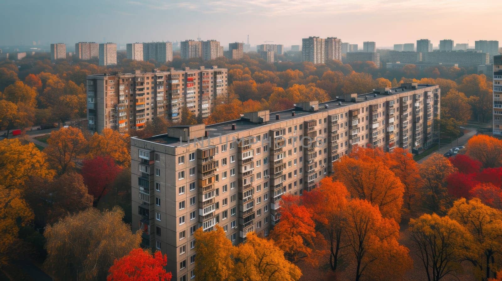 An aerial view of a city with trees in the fall