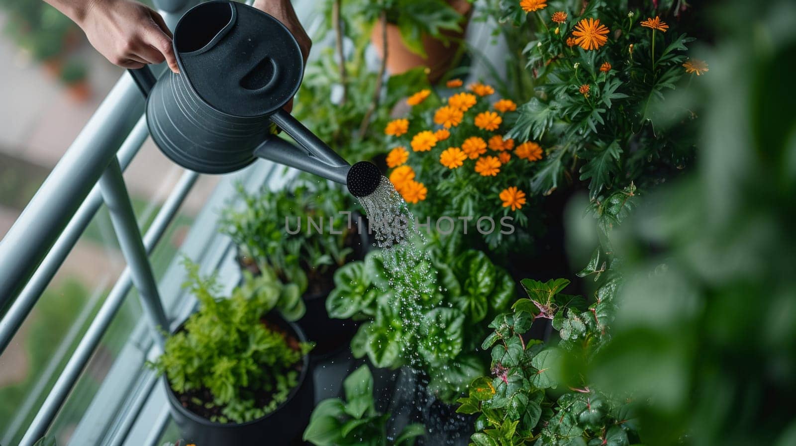 A person watering plants with a garden hose on the balcony