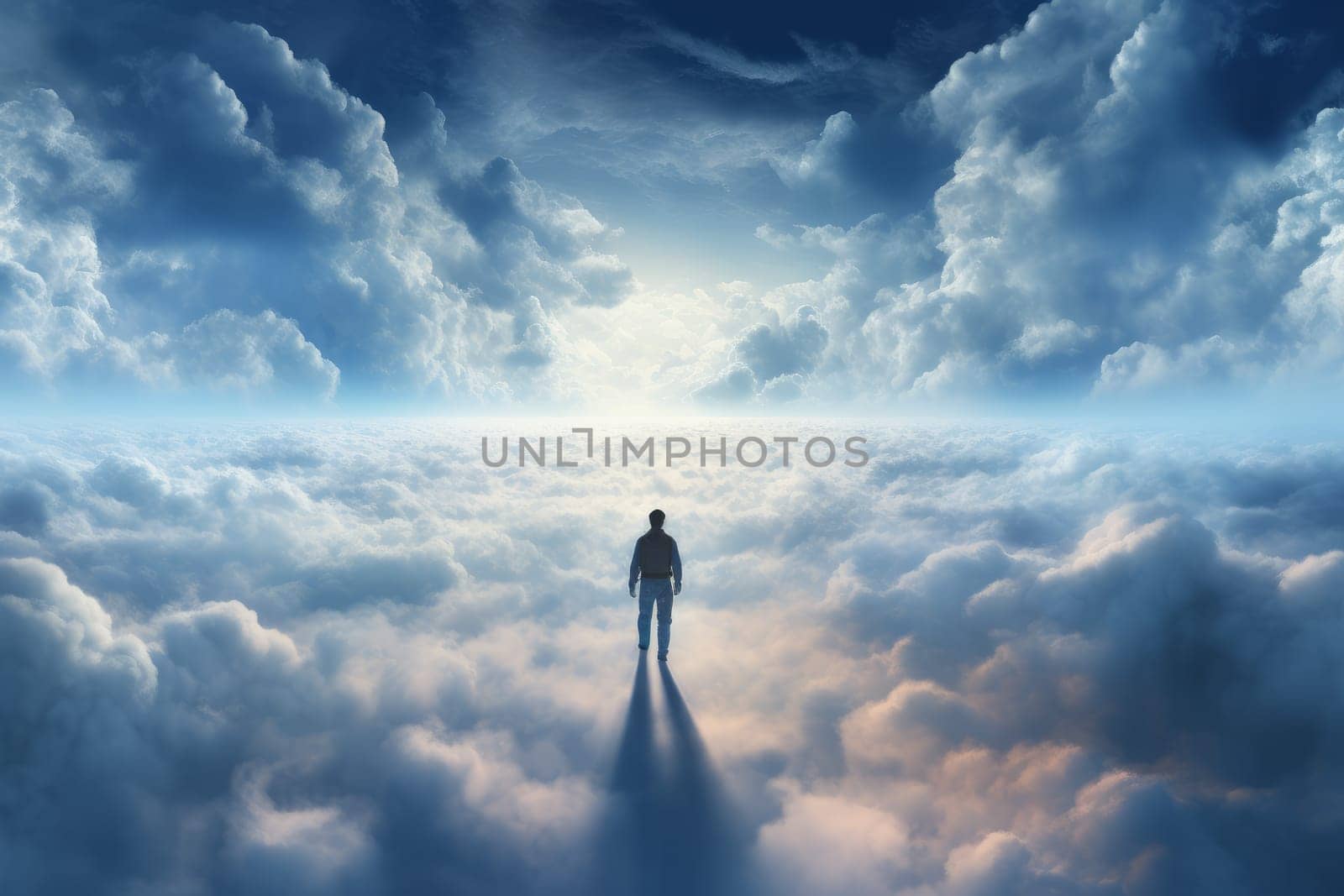 Majestic Man over clouds. Cloud creative surreal. Generate Ai