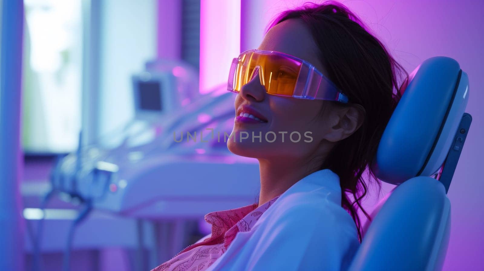 A woman in a chair with goggles on smiling