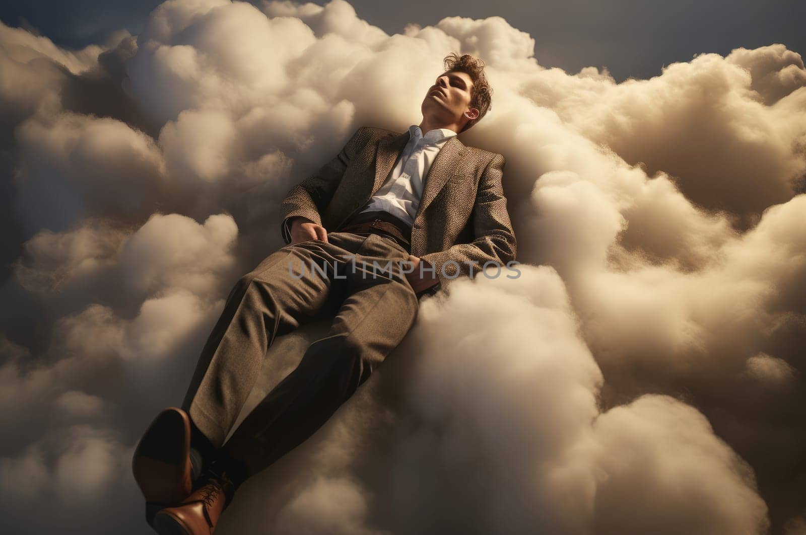 Serene Man over clouds. Cloud creative surreal. Generate Ai