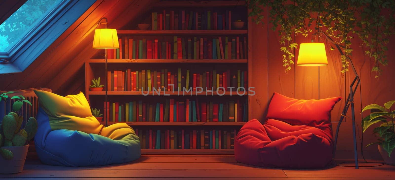 A room with two bean bags and a lamp in front of bookshelves