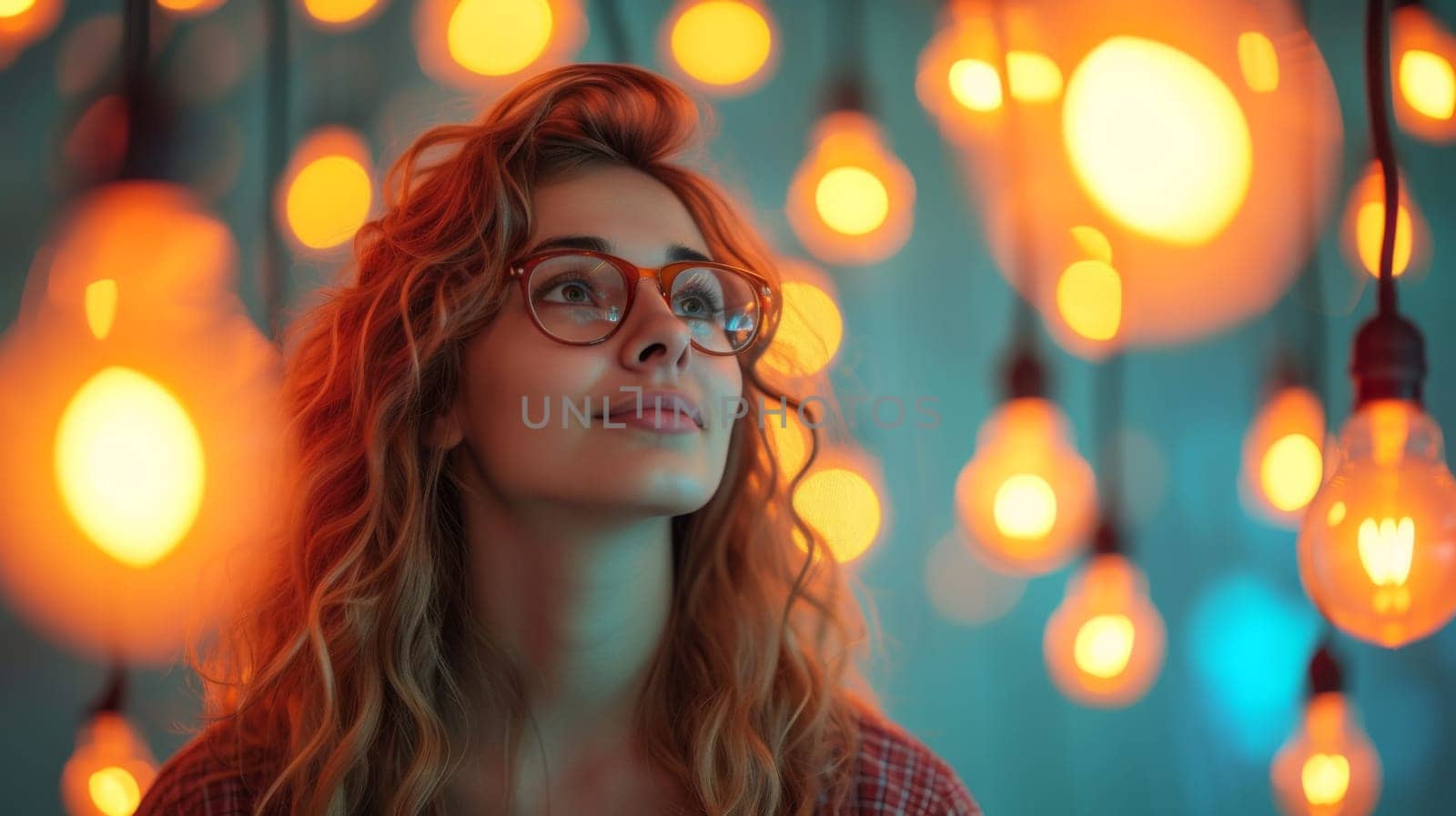 A woman with glasses looking up at a bunch of lights