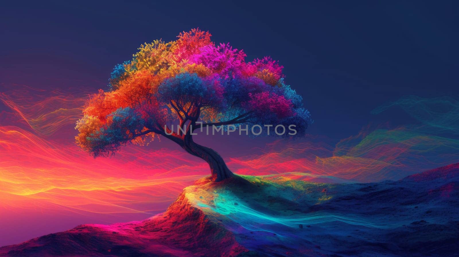 A colorful tree on a hill with mountains in the background, AI by starush