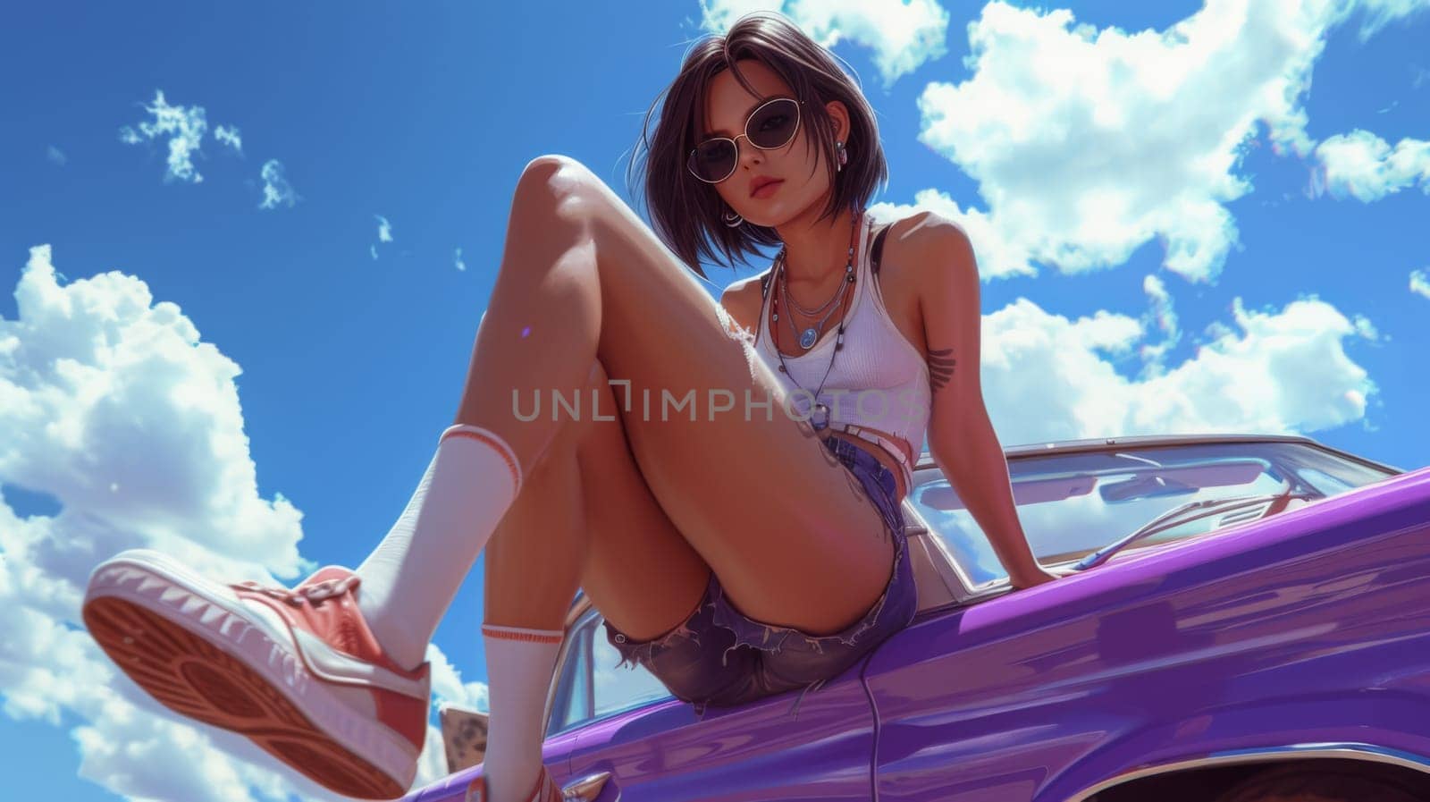 A woman in a tank top sitting on the hood of an old car