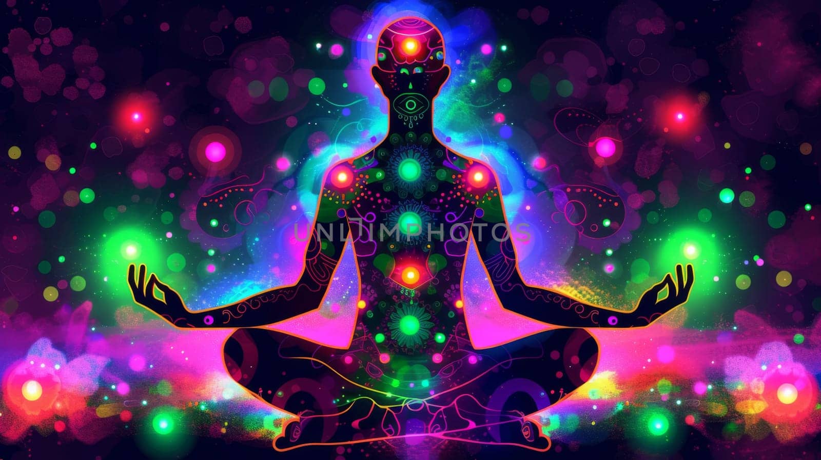 A woman sitting in lotus position with glowing lights around her, AI by starush