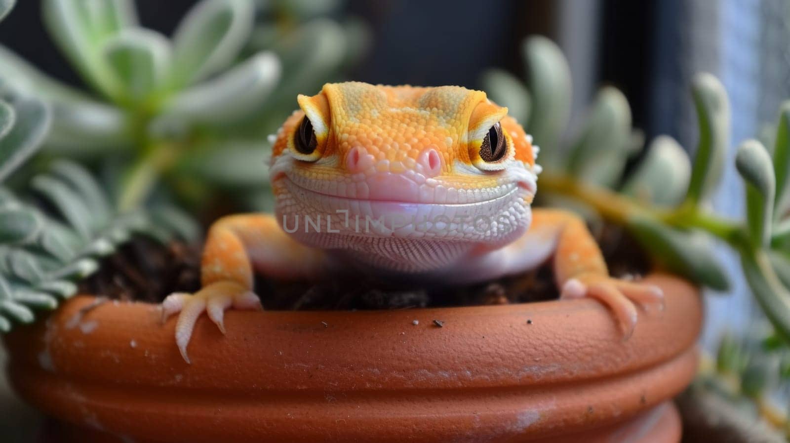 A lizard is sitting in a pot with some plants