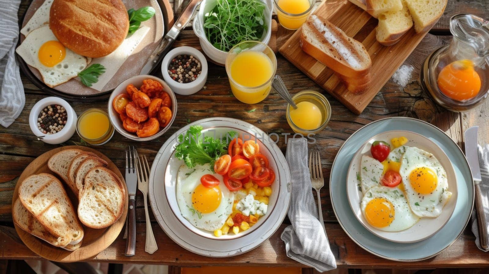 A table with plates of food and breads on it