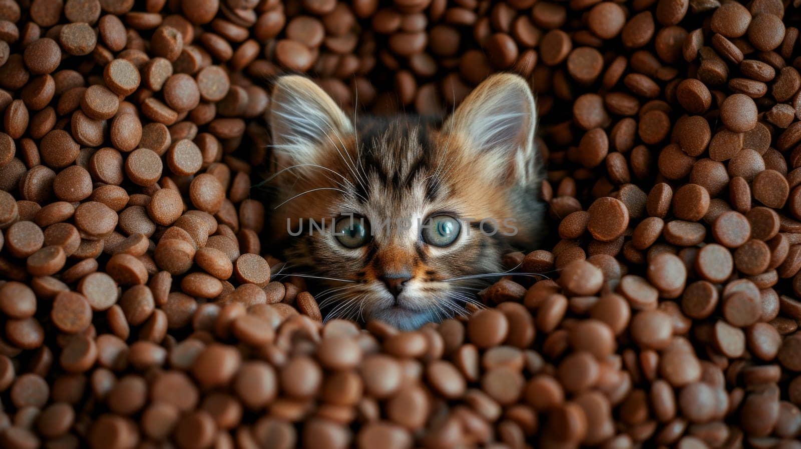 A kitten peeking out from a pile of chocolate beans