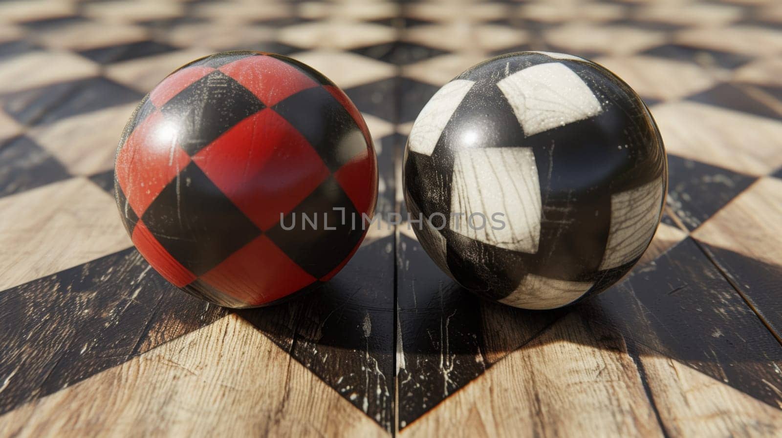 Two black and white eggs on a checkered floor