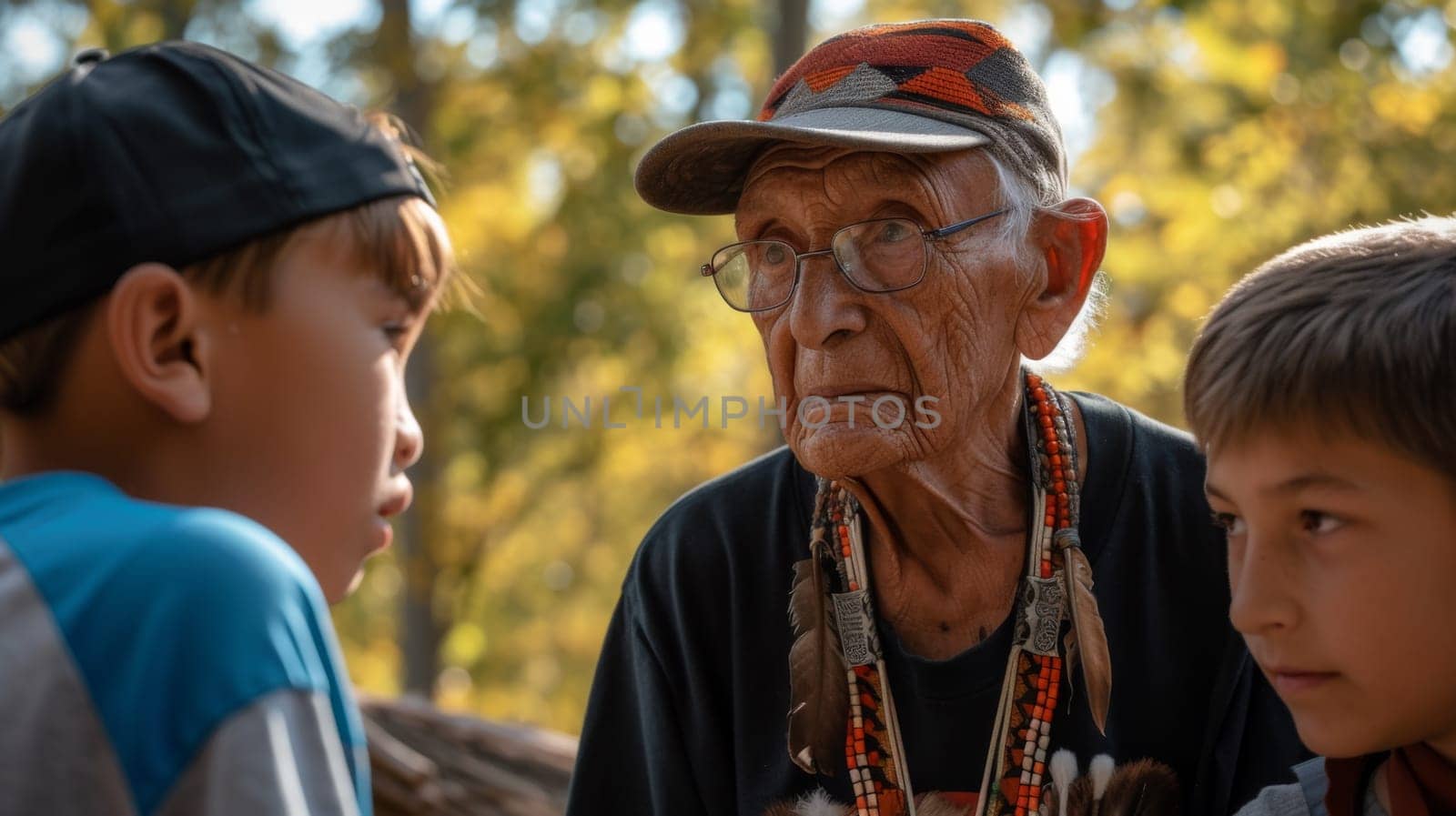 An old man talking to two young boys outside in the woods