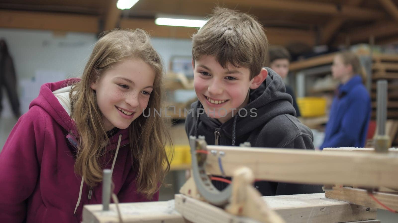 Two young people smiling at each other while working on a project