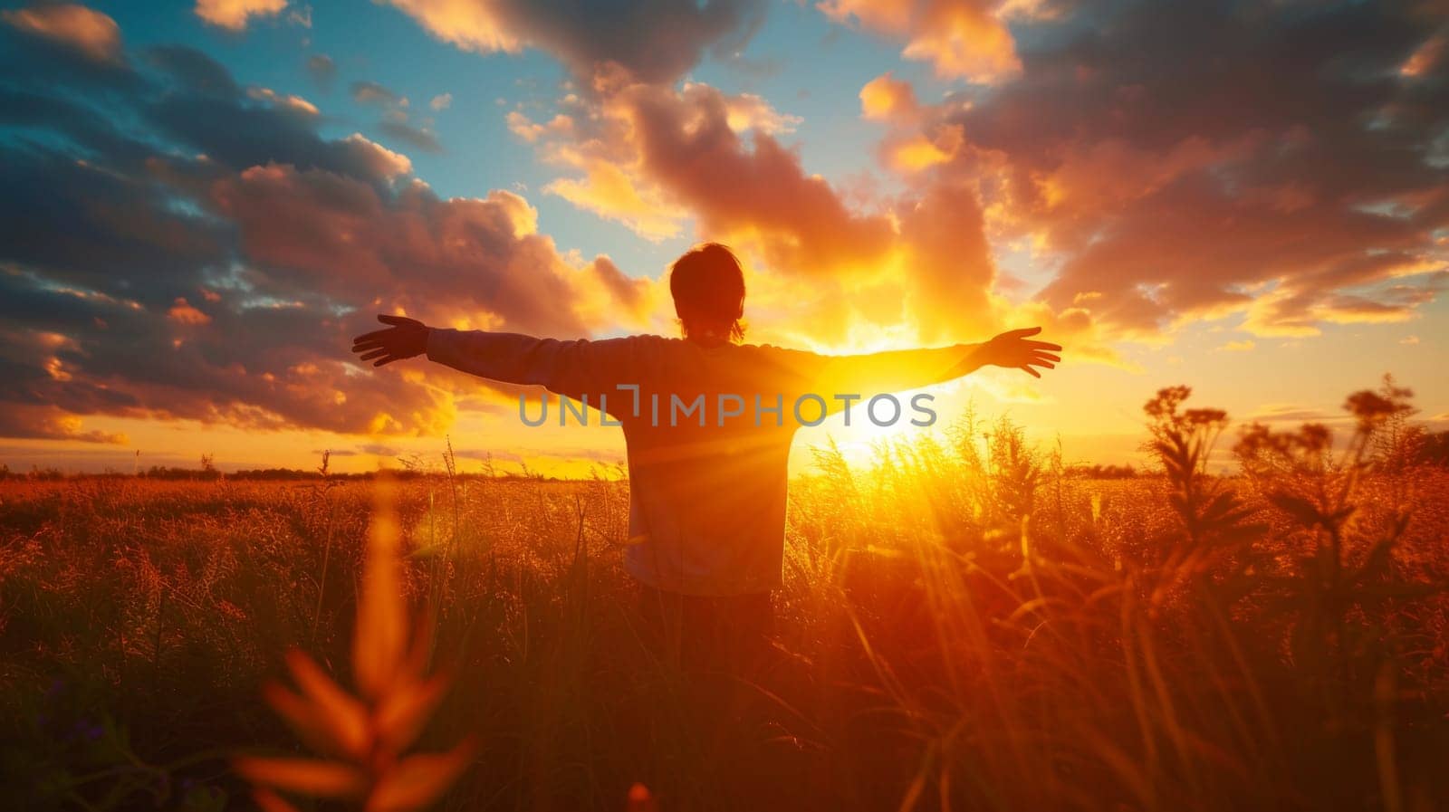 A man standing in a field with his arms outstretched, AI by starush