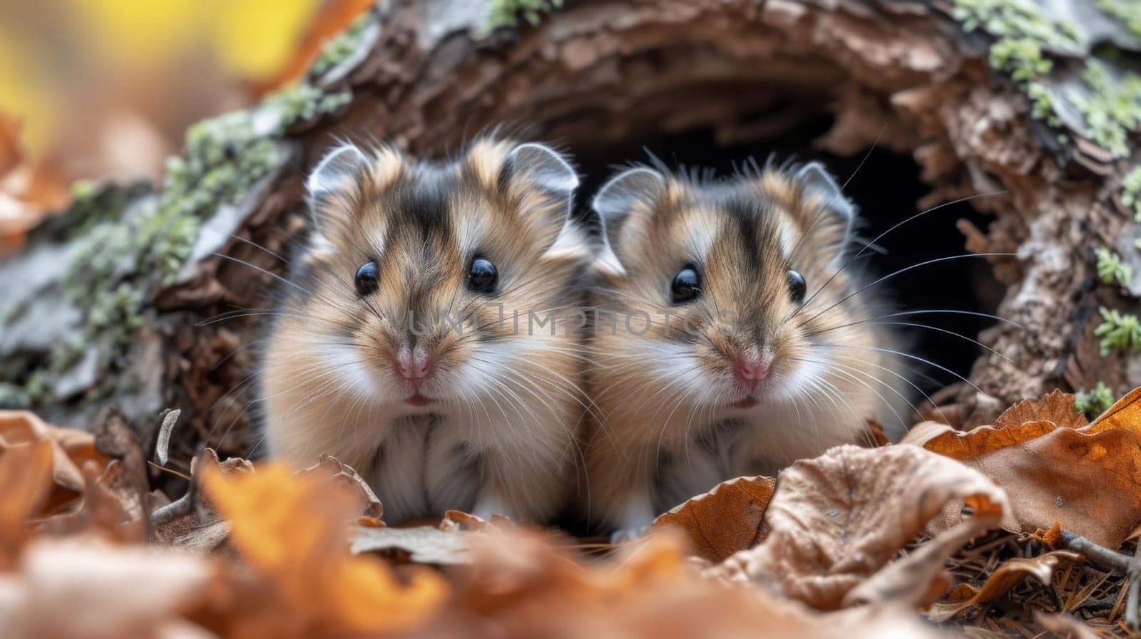 Two small hamsters are sitting in a hollowed out tree