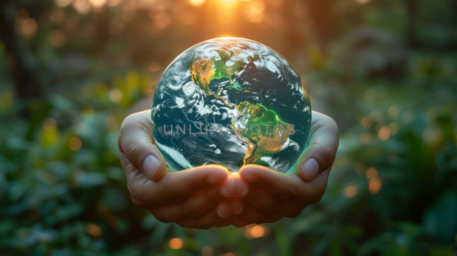 A person holding a globe in their hands with green leaves