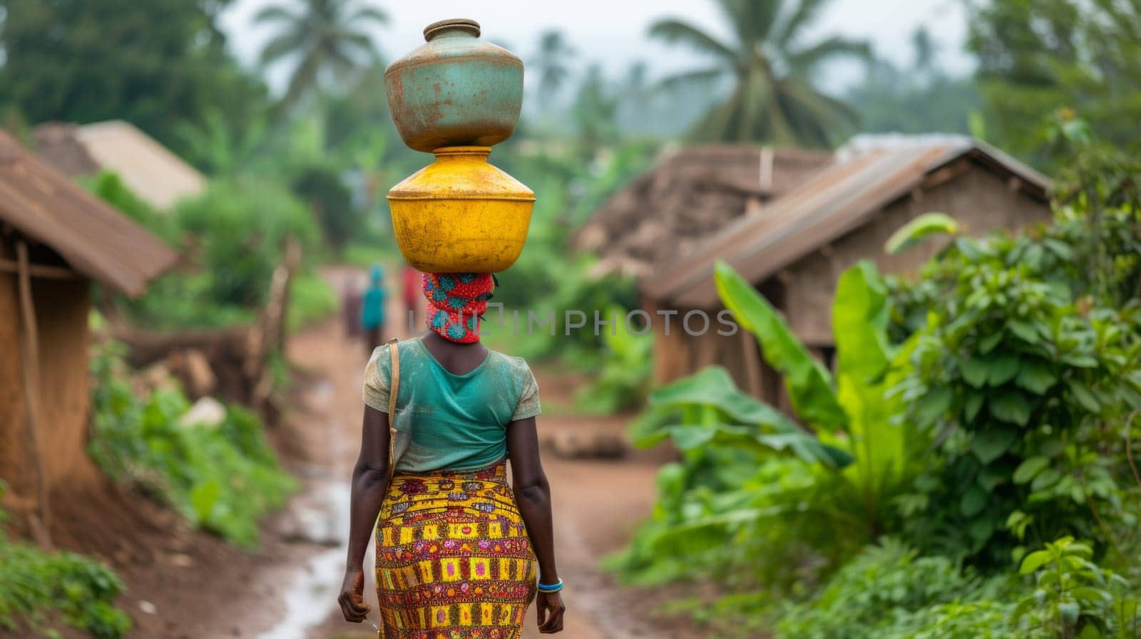 A woman walking down a dirt road with water jugs on her head