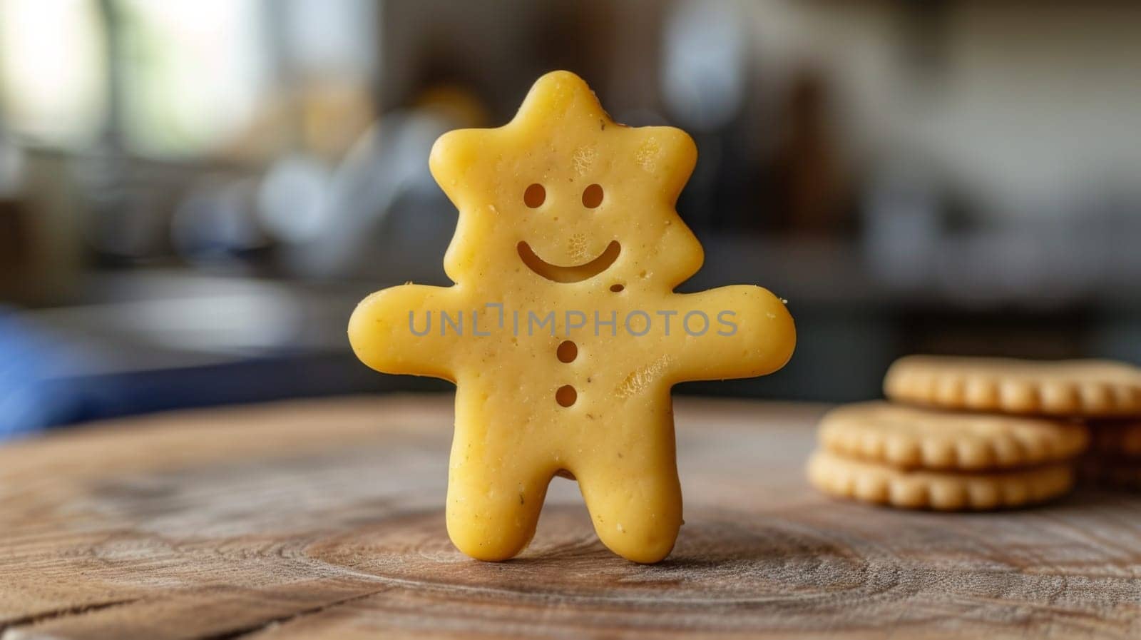 A small cookie shaped like a smiling face sitting on top of some crackers