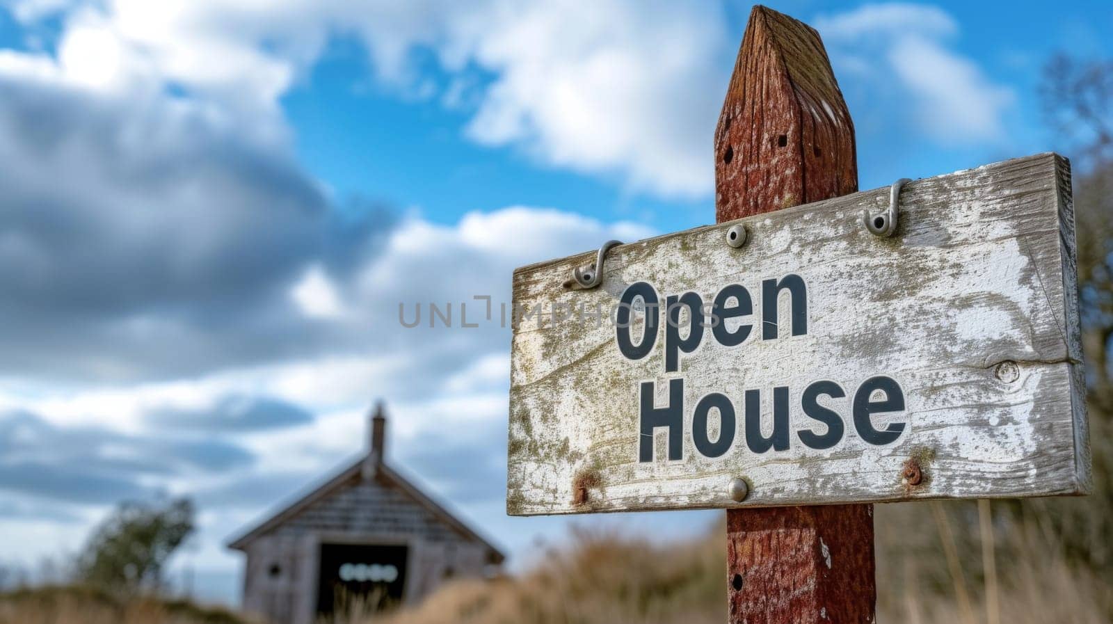 A wooden sign with a barn in the background and cloudy sky