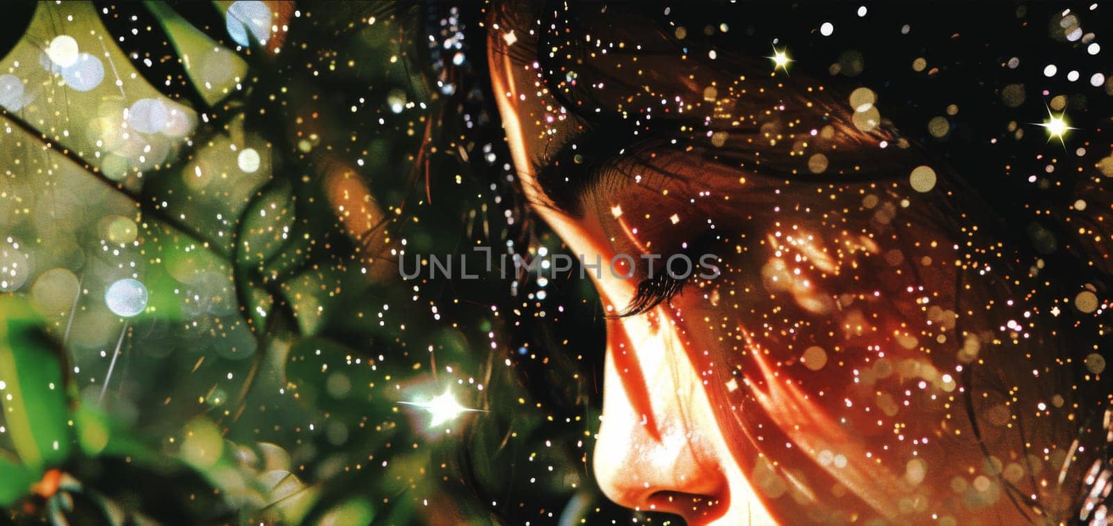 A woman with her eyes closed and a starry background