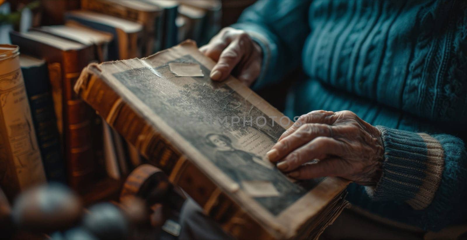 A person holding an old book in their hands with a bunch of books behind them